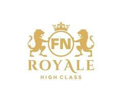 Golden Letter FN template logo Luxury gold letter with crown. Monogram alphabet . Beautiful royal initials letter. vector