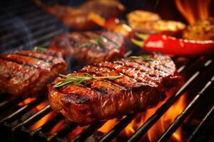 Grilled steaks with vegetables on barbecue grill, close-up, Beef steak and sausages on barbecue grill, closeup, AI Generated photo