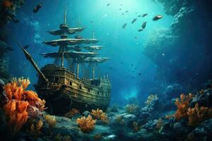 tropical submarino escena con un pirata Embarcacion y corales hermosa submarino mundo con antiguo naufragio, coral y pez, ai generado foto