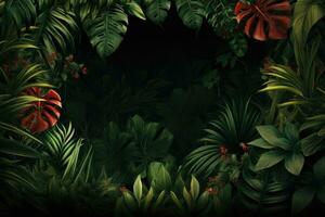 tropical hojas antecedentes. monstruo, helecho, palma hojas, hibisco. 3d ilustración, hermosa selva antecedentes con frontera hecho de tropical hojas, ai generado foto
