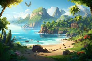 Digital painting of a tropical beach with rocks, palm trees and coconut trees, Beautiful tropical island landscape view on a sunny day, AI Generated photo