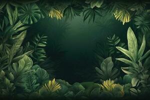 Tropical jungle background with green leaves and flowers illustration. Beautiful jungle background with border made of tropical leaves, AI Generated photo