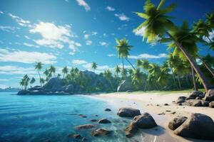 Tropical beach with palm trees and rocks. 3d render, Beautiful tropical island landscape view on a sunny day, AI Generated photo