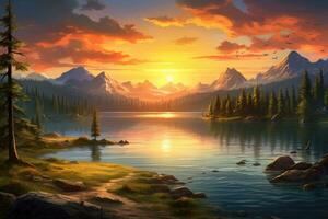 Fantasy landscape. Mountain lake and forest at sunset. Digital painting, Beautiful lake landscape view with green trees, mountains, and sunset, AI Generated photo