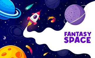 espacio póster. dibujos animados cohete, planetas, asteroides vector