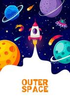 dibujos animados espacio volantes con cohete lanzamiento a galaxia vector