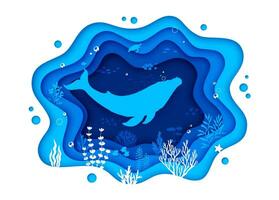 Sea landscape paper cut banner, whale silhouette vector