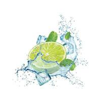 Mojito splash with lime, ice and mint leaves vector