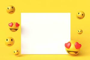 Yellow emoji background with white copy space for design. concept of service satisfaction assessment photo