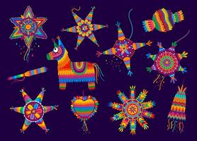 Cartoon mexican holiday pinatas, decorative items vector