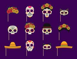 Mexican day of dead photo booth masks with props vector