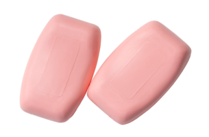 Top view of two dry pink soap bars isolated with clipping path in png file format