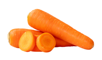 Two beautiful fresh orange carrots with slices in stack isolated with clipping path in png file format Close up of healthy vegetable root