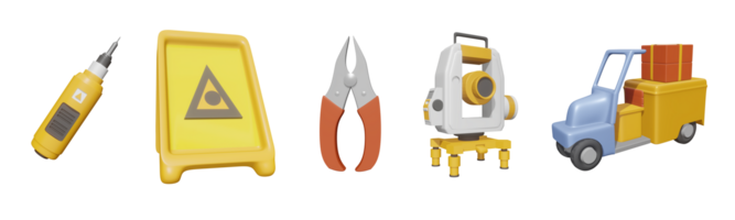 3D icon labor day collection rendered isolated on the transparent background. screwdriver, safety warning sign, pliers, theodolite, and delivery package object for your design. png