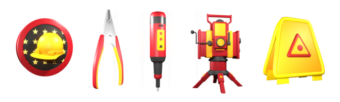 3D icon labor day collection rendered isolated on the transparent background. screwdriver, safety warning sign, pliers, theodolite, and labor day badge object for your design. png