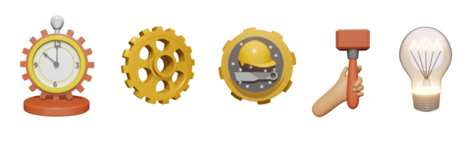 3D icon labor day collection rendered isolated on the transparent background. factory clock, industrial gear, labor day badge, hand holding hammer and factory light bulb object for your design. png