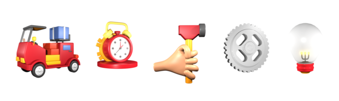 3D icon labor day collection rendered isolated on the transparent background. delivery package, factory clock, hand holding hammer, industrial gear, and factory light bulb object for your design. png