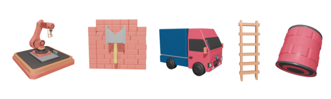3D icon labor day collection rendered isolated on the transparent background. industrial robot, brick wall, delivery truck, ladder, and oil barrel object for your design. png