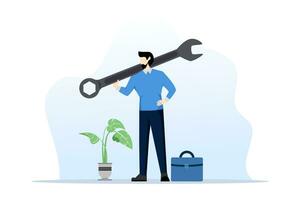 fix business problem concept, help solve problem, fix business in crisis or crisis management, smart businessman bring big wrench metaphor to fix problem. flat vector illustration on a white backgroun