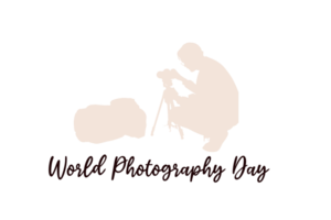 World Photography day Text calligraphy with camera silhouette, World Photography day Typography, World Photography day lettering inscription, Photography equipment camera illustration png