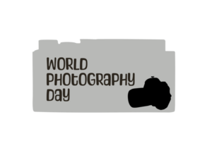 World Photography day Text calligraphy with camera silhouette, World Photography day Typography, World Photography day lettering inscription, Photography equipment camera illustration png