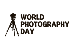 World Photography day Text calligraphy with camera silhouette, World Photography day Typography, World Photography day lettering inscription, Photography equipment camera illustration png