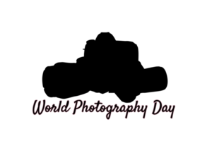 World Photography day Text calligraphy with camera silhouette, World Photography day Typography, World Photography day lettering inscription, Photography equipment camera illustration png