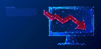 Polygonal computer with red arrow going down on dark blue tech background, triangles and particle style design. vector