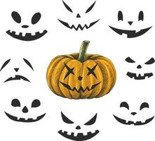 Vector hand drawn cut pumpkin with collection of different faces for Halloween.