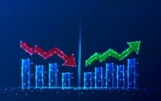 Vector tech polygonal growth chart with going down red arrow and going up green arrow.