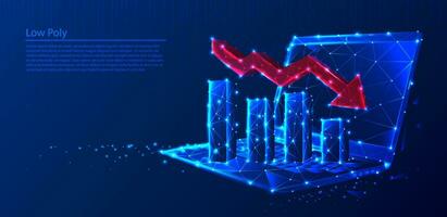 Polygonal laptop with growth charts and red arrow decreasing on dark blue tech background, triangles and particle style design. vector