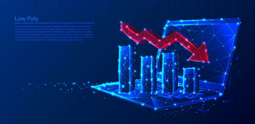 Polygonal laptop with growth charts and red arrow decreasing on dark blue tech background, triangles and particle style design.