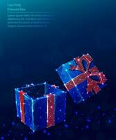 Vector low poly polygonal background of present box with red bow.