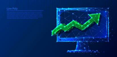 Polygonal computer with green arrow looking up on dark blue tech background, triangles and particle style design. vector