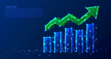 Polygonal growth charts and green arrow going up on dark blue tech background, triangles and particle style design. vector