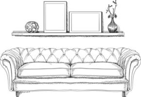 Vector hand drawing modern interior sketch. Living room with sofa furniture and accessories, painting.