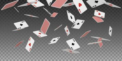 3d realistic vector icon. Flying playing cards of aces of diamonds clubs spades and hearts , falling on the table.