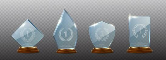 3d realistic vector icon set. Crystal glass winner trophy with wooden base with golden frame. Isolated on background.