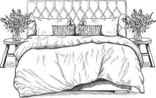 Vector hand drawing modern interior sketch. Bedroom furniture, bedside table and cosy bed.
