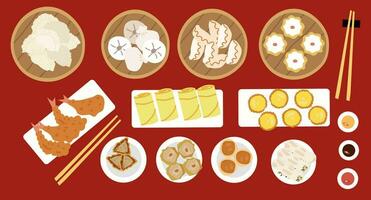 set of dim sum. Chinese food collection. Chinese traditional food on a red background. vector