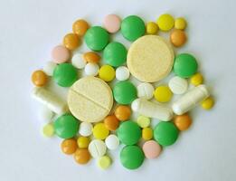 Stack of colourful pills, medicine background photo