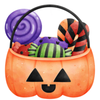 Watercolor Halloween Pumpkin Basket with Candies Illustration png