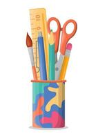 Colored stationery for school such as ruler, scissors, pencils, pen, brush in holder or cup. Back to school. Pencil stand isolated on white background. Design for banner, poster, social media, web, ad vector