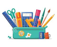 School pencil case with various stationery such as pens, scissors, ruler, calculator, glue. Back to school. Pencil box isolated on white background. Great for design banner, poster, social media, web vector