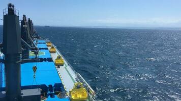 View from the bridge of the handymax bulk carrier to the holds and the ocean during the day. Large cargo ship in the ocean photo