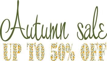 Autumn sale Discount banner. Vector wording illustration isolated on white background. Seasonal lettering wih pumpkins. Marketing element for Promotion on Website, Placard, Poster, Tag.