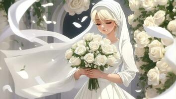 Blond Hair Bride with Bouquet of White Roses photo