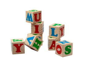 Children's wooden cubes with blue, red and green letters in the shape of a tower stand one on top of the other and lie side by side. No background. High quality photo. png