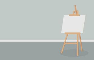 Realistic paint desk with blank white canvas. Wooden easel and a sheet of drawing paper. Vector illustration.