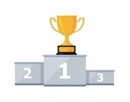 Podium for winners with a gold Cup, close-up, isolated on a white background, vector color illustration, design